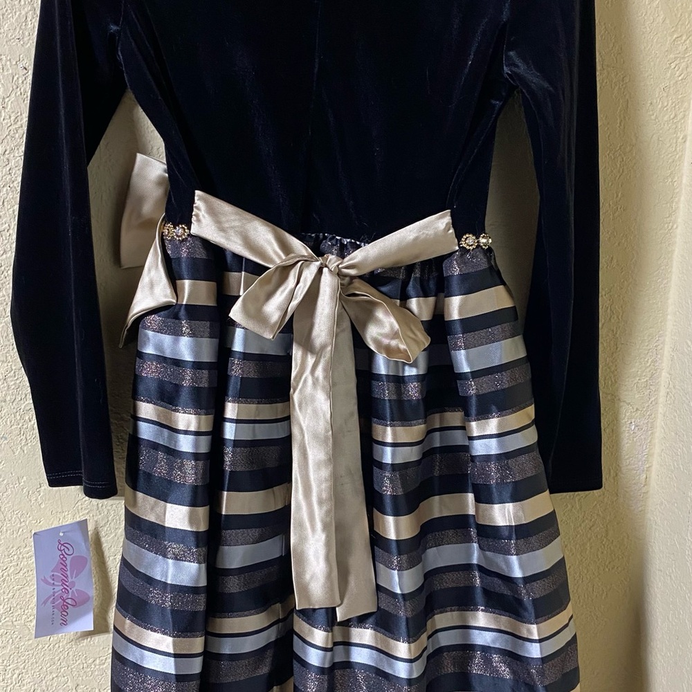 Big Girls Long Sleeved Striped Ballerina Bow Dress NWT - Picture 2 of 3